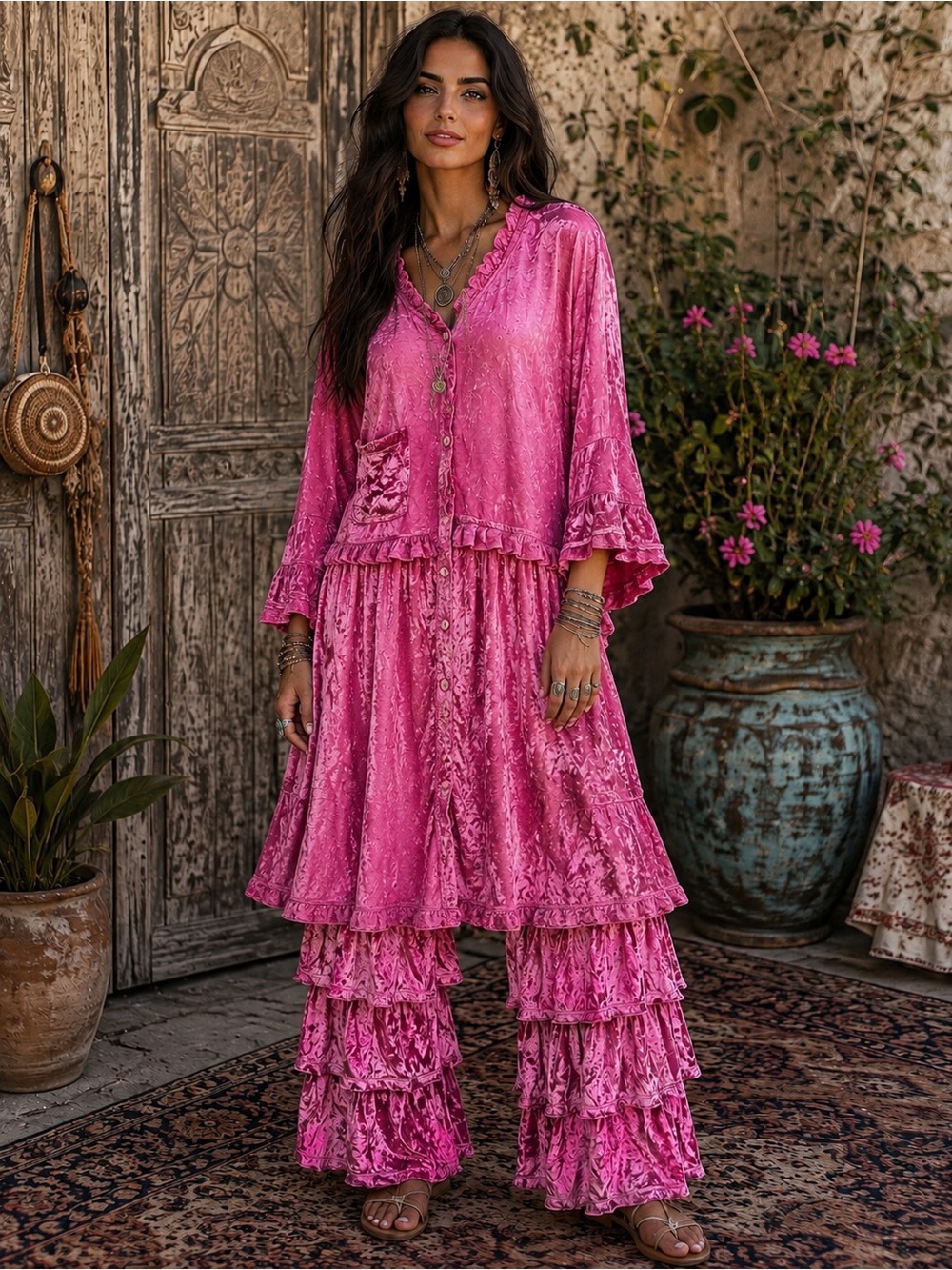 H246 NWT A Rare Bird Set OS Pink Velvet Top ptp22 Wide-Leg Ruffle Pants w14-20